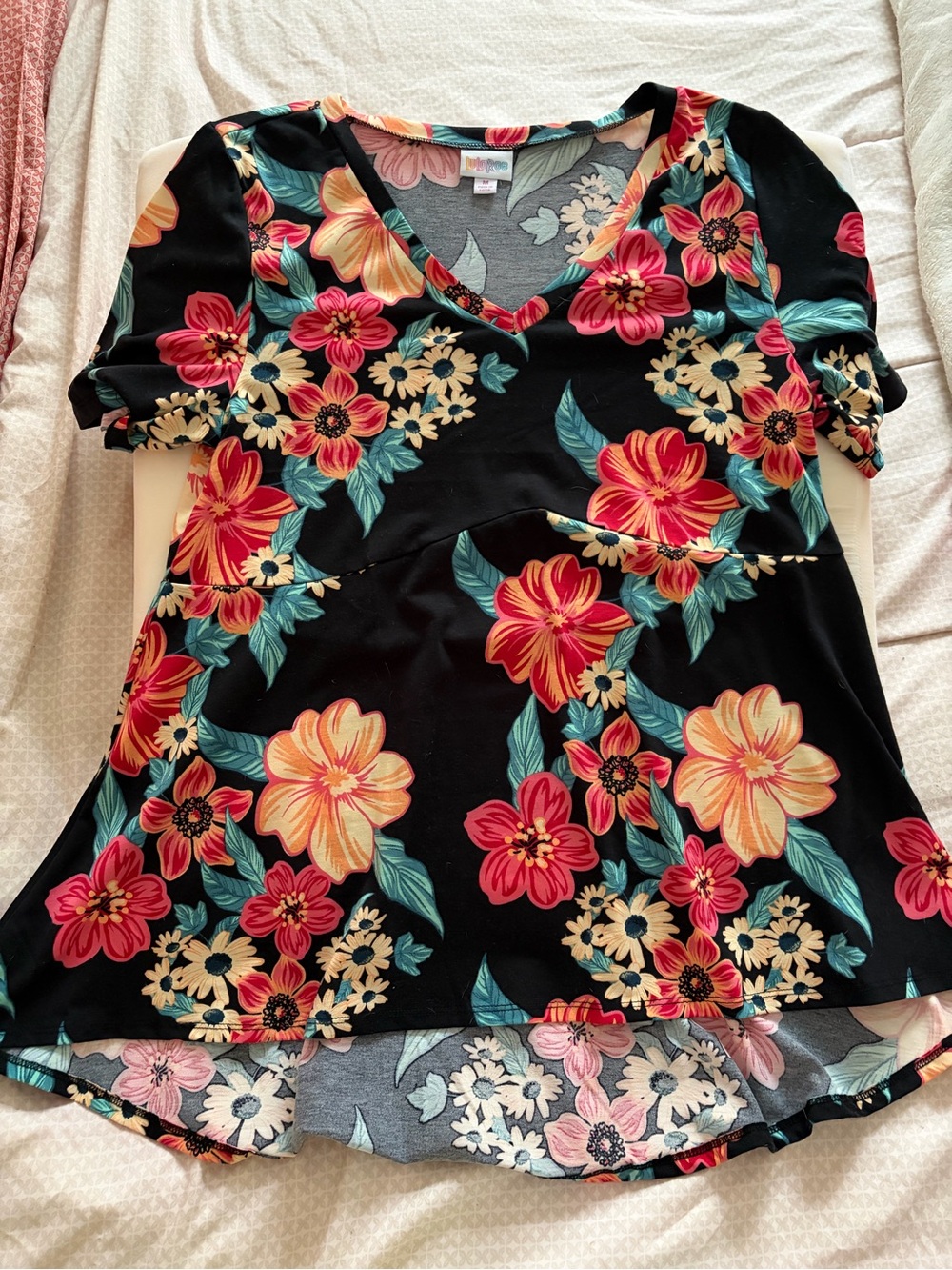 LuLaRoe Jana Black Floral V-Neck Tunic with Red, Yellow & Teal Flowers